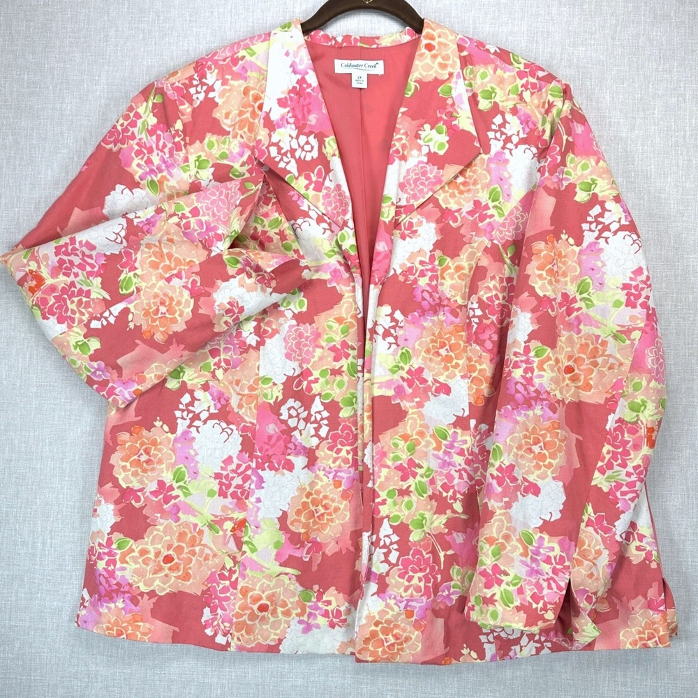 Coldwater Creek Womens Coral Pink Floral Open Jacket Size 2X Silk Linen Lined